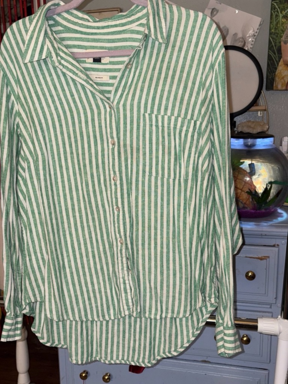 Universal Thread Green & White Striped Button-Up Shirt